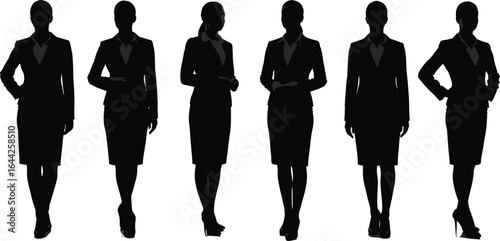 Businesswoman silhouette set, professional female figure vector, corporate attire poses, suit and skirt clipart, confident posture illustration, office woman design