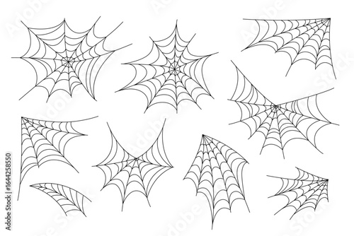 Spider webs set simple hand drawn outline illustration of doodle fancy Halloween traditional scary decor elements, clipart perfect for Halloween party design, cartoon cute insect spooky character
