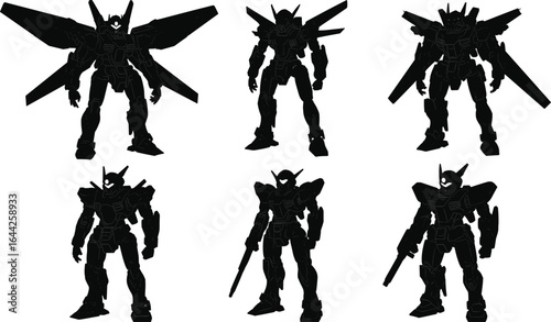 Mecha silhouettes, robot figures, futuristic armored robots, sci-fi machines, mechanical warriors, robot weapons, high-tech armor, combat mechas, futuristic battle robots, mechanical silhouettes