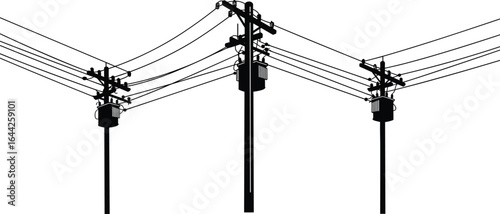 PrintUtility poles, power lines, electrical transformers, street power distribution, urban electricity grid, black silhouette vector, energy infrastructure, voltage transmission system