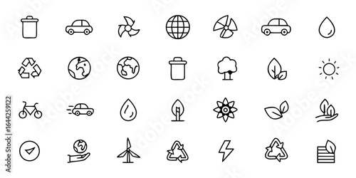 Eco & Sustainability Icon Bundle – Minimalist Line Art Recycling, Renewable Energy, Green Living, Composting, Electric Vehicles, Conservation, and Eco-Friendly Practices – Environmental & Green Vector