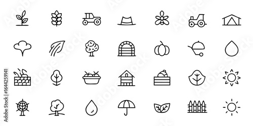 Sustainable Agriculture & Organic Farming Icon Bundle – Minimalist Line Art Farm Tools, Crop Growth, Organic Produce, Composting, Beekeeping, Irrigation, and Eco Farming – Green Agriculture Vector