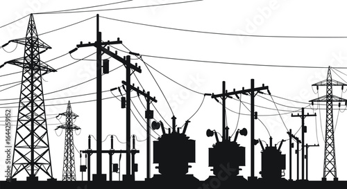 Electric power substation silhouette, high voltage transformers and transmission lines, energy distribution infrastructure, utility poles, black vector illustration, industrial scene
