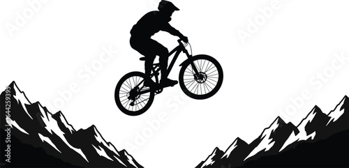 PrintMountain biker silhouette jumping between peaks, extreme sports vector, dramatic cliff stunt illustration, airborne cyclist clipart, adventure sport design, black graphic