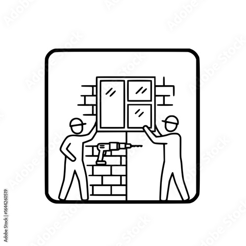 Two construction workers installing a window in a brick wall - replace window vector 