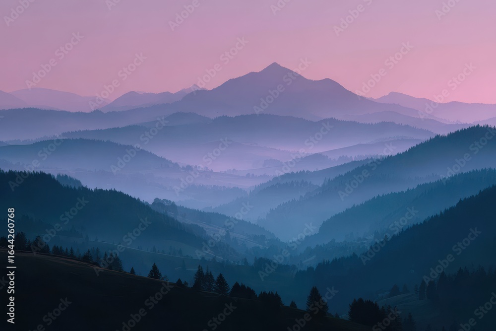 Fototapeta premium Misty mountain landscape at dawn with layered atmospheric depth.