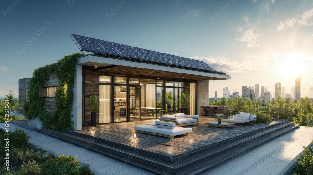 Fototapeta premium Modern eco house rooftop with solar panels under sunlight.
