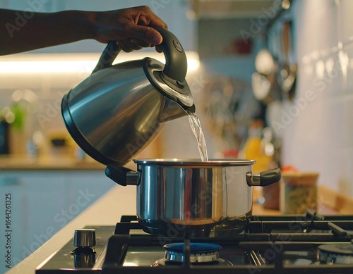 Person pouring water from kettle into pot