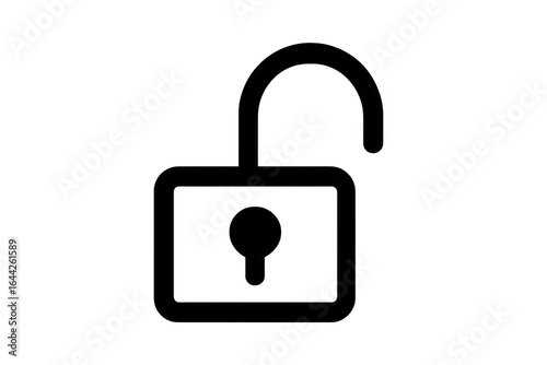 Black opened padlock icon on transparent background symbolizing security