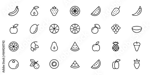 Cooking & Dessert Fruits Icon Bundle – Minimalist Line Art Banana, Berries, Citrus, Tropical Fruits, Smoothies, Fruit Bowls, and Fresh Slices – Culinary & Recipe Vector Icons