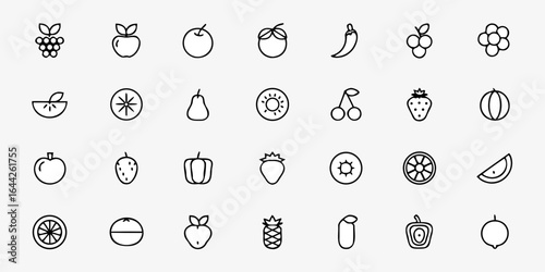 Seasonal Fruits Icon Pack – Minimalist Line Art Summer, Autumn, Winter, Spring Produce Including Berries, Citrus, Apples, Tropical Fruits, and More – Sustainable Eating Vector Icons 