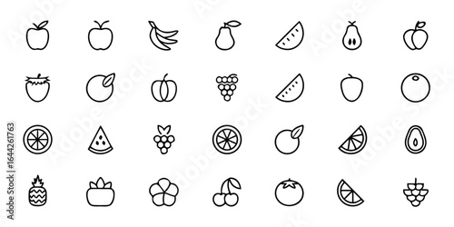 Fresh & Tropical Fruits Icon Bundle – Minimalist Line Art Apple, Banana, Orange, Strawberry, Pineapple, Mango, Grapes, Lemon, Berries, and More – Healthy Eating & Grocery Vector Icons