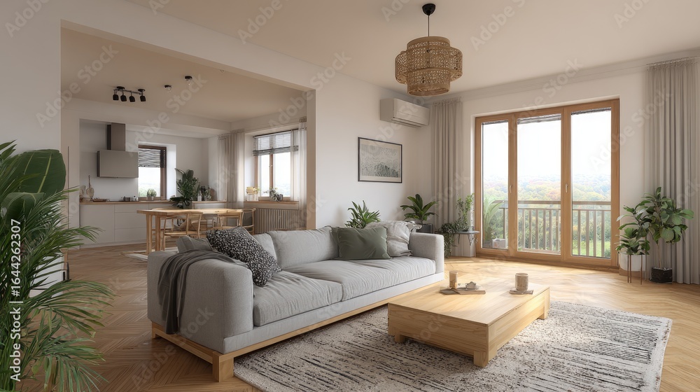 Fototapeta premium Open-plan living area with a modern minimalist design.