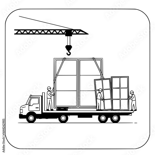 Construction workers loading windows onto truck with crane - replace window vector 