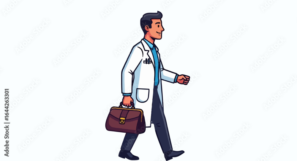 Obraz premium Smiling doctor strides confidently, briefcase in hand, heading to work.