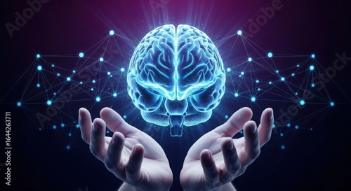 Illuminated human brain emanating knowledge and connection held gently within open hands against a dark starry background