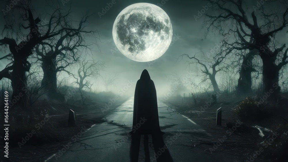 Fototapeta premium Gloomy road at night under a full moon