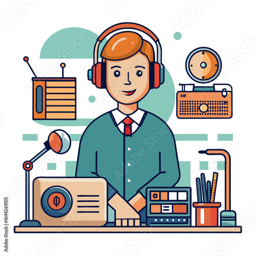 Ham Radio Operator with Vintage Radio Equipment Vector Illustration