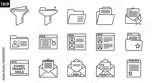 Collection of Outline Icons Representing Digital Organization and Communication