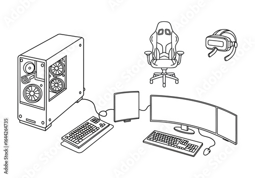 Gaming computer setup with VR headset and multiple monitors