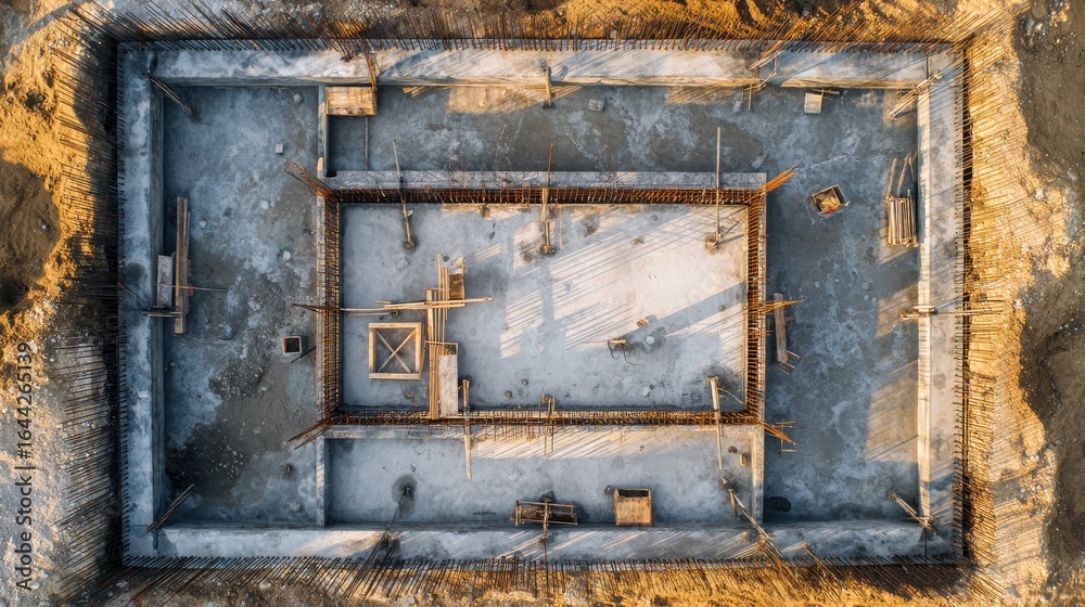 Naklejka premium Monolithic Foundation Construction: Top-Down View of Reinforced Concrete Slab for Apartment Building.