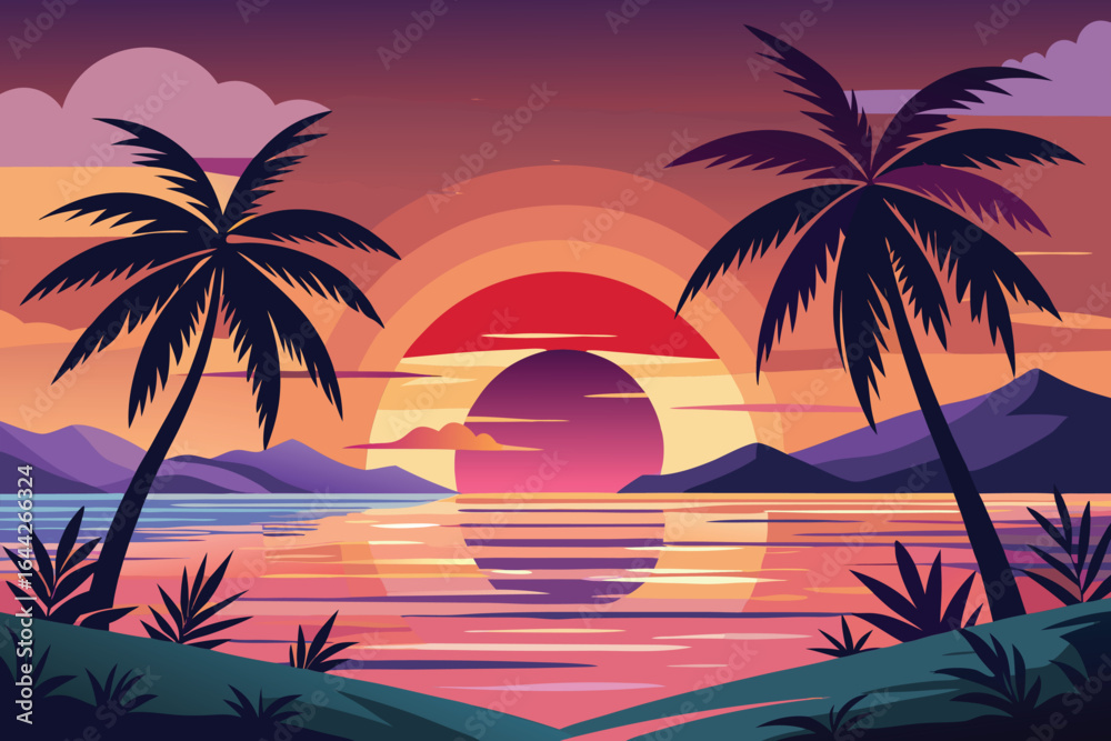 Fototapeta premium Tropical Sunset with Palm Trees and Ocean Reflection