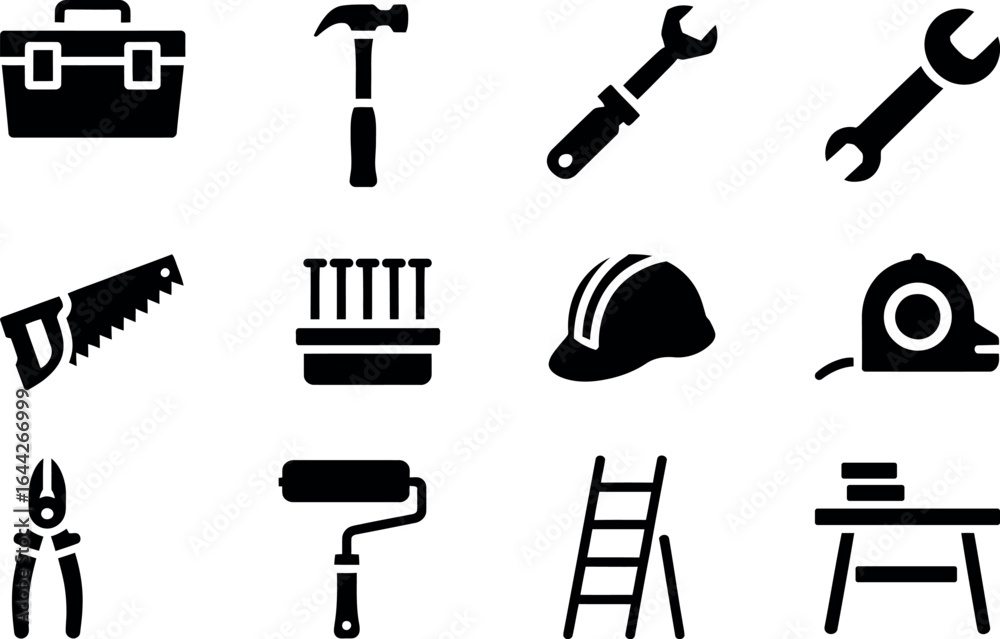 Obraz premium Vector Construction Tools Icons: Black, Simple, and Modern Style