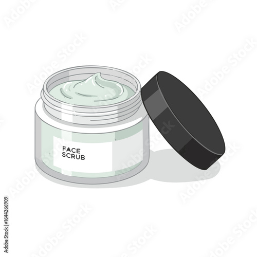 Vector illustration of face scrub jar open on white background, skincare product