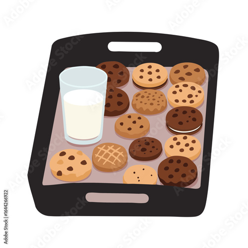 Vector illustration of cookie tray with milk on white background, holiday treat