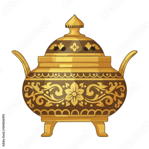 Vector illustration of golden incense burner on white background, spiritual decor