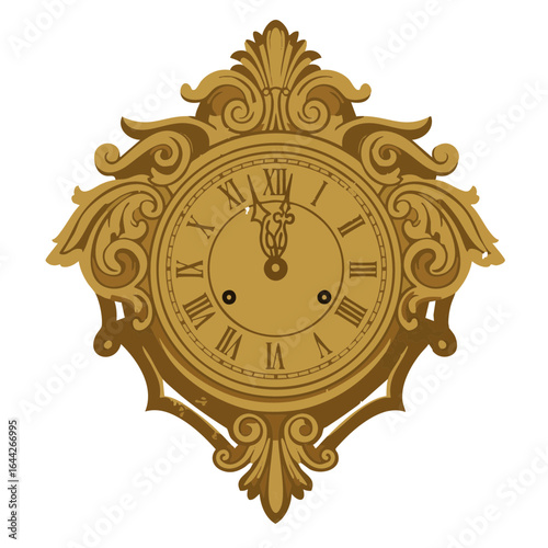Vector illustration of golden clock ornament on white background, holiday decor