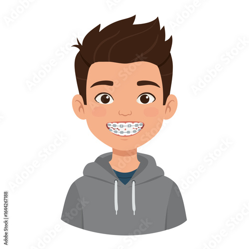 Vector illustration of teen with dental braces on white background, orthodontic treatment 
