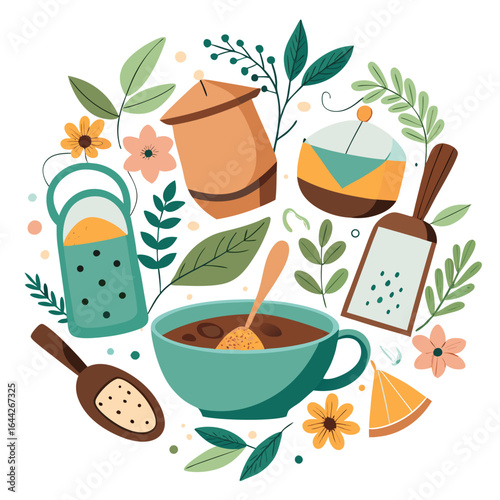Tea Bags and Loose Leaves with Floral Decorations Vector Illustration