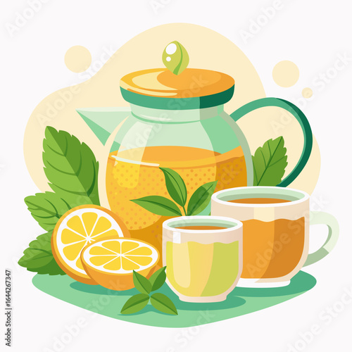 Cozy Herbal Tea Setup with Honey, Lemon, and Mint Vector Illustration