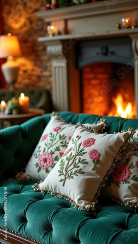 Cozy living room with green sofa and embroidered floral cushions by fireplace
