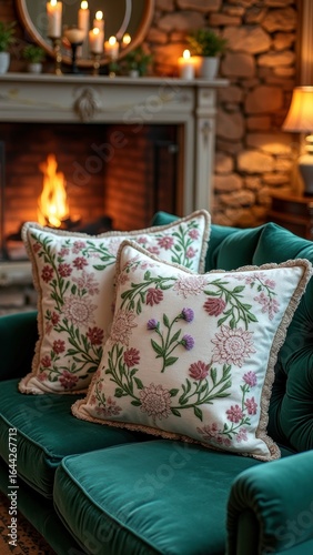 Cozy living room with floral cushions on green sofa by fireplace