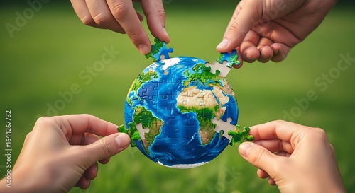 Hands assembling a puzzle of the earth, symbolizing global environmental care, teamwork, and a sustainable future