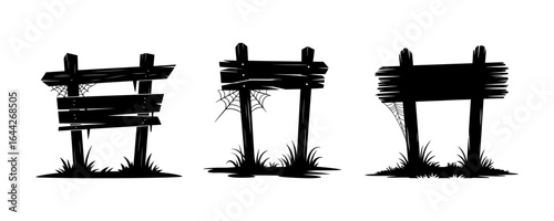 Black wooden signs with spider web graphic silhouettes are ideal for Halloween concepts