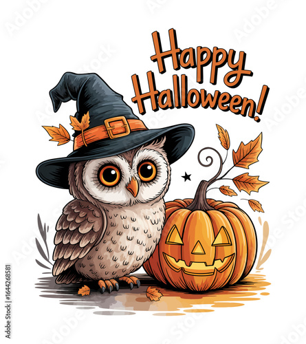 Cute Halloween illustration featuring an owl wearing a witch hat and a carved pumpkin