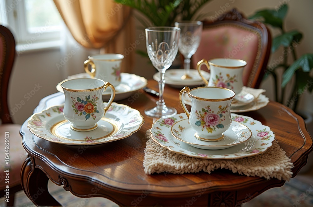 Fototapeta premium Elegant vintage tea set with floral patterns on an antique wooden table