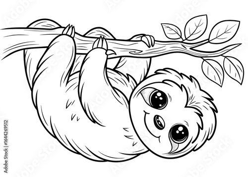 Cute sloth hanging on tree branch with cheerful expression for coloring page  