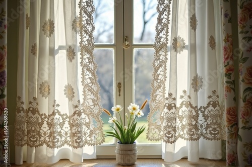 Elegant lace curtains framing sunny window with floral arrangement in peaceful room