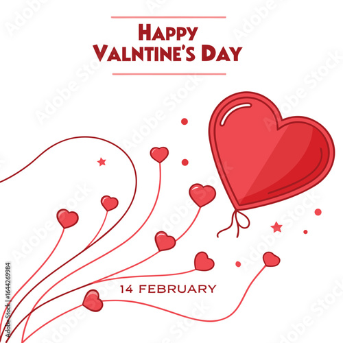 A large red heart shaped balloon floats above smaller red hearts on thin red stems with text Happy Valentines Day and 14 February