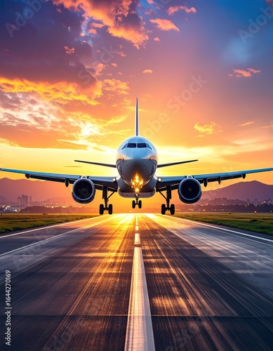 the plane takes off as the glowing sunset bathes the sky in vibrant hues	