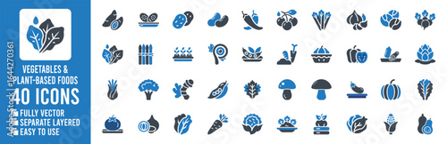 Blue and dark blue icons of vegetables and plant based foods plant-based foods produce | Ai Generated Icon