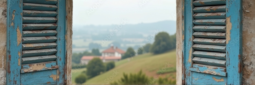 Fototapeta premium Rustic open shuttered window overlooking scenic countryside landscape