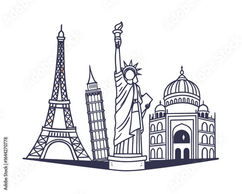 Iconic World Landmarks Line Art Illustration Travel Poster