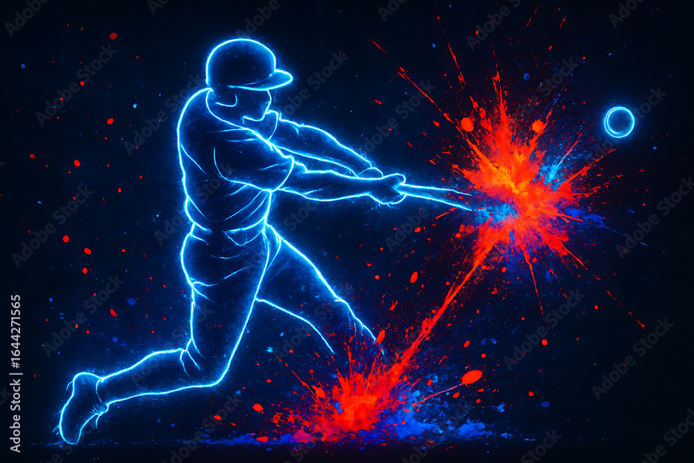 Naklejka premium Neon Baseball Player Swinging Bat with Explosive Colorful Energy Splash Digital Art
