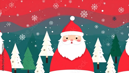 Cartoon Santa Claus with Christmas trees and snowflakes
