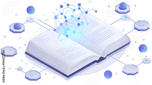 Open Book with Glowing Data Network Connections and Nodes: A 3D Isometric Illustration of Knowledge and Information Technology,  Digital Innovation